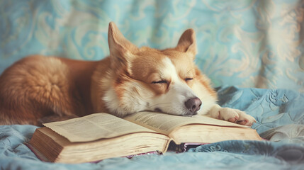 Corgi dog sleeping on the open book in pastel background. creative concept