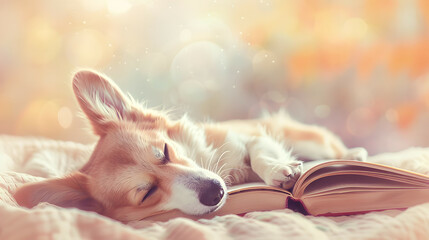 Corgi dog sleeping on the open book in pastel background. creative concept