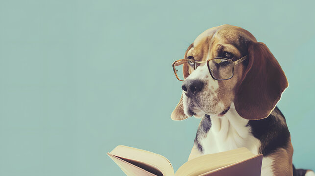 Beagle dog wearing glasses while reading a book in pastel background. creative concept
