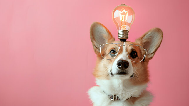 Corgi dog wearing glasses with light bulb on its head in pastel background. creative concept