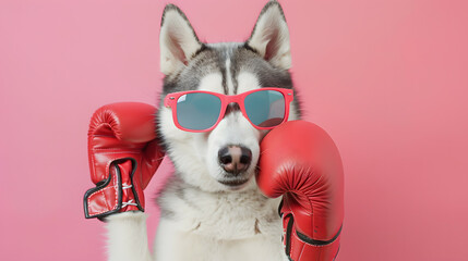 Siberian husky dogs wearing a boxing gloves in pastel background. creative concept
