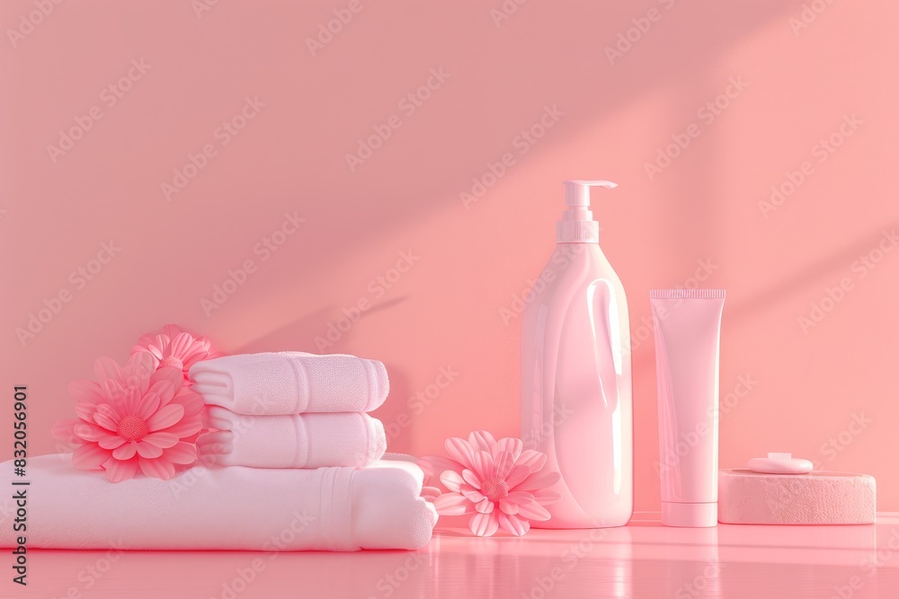 Wall mural A bottle of lotion sits on a table next to a white towel