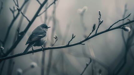 A little gray bird perched on a slender branch of a tall aged tree on an overcast day - Powered by Adobe