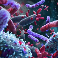 Fototapeta premium Colorful close-up of microscopic bacteria and viruses in a vibrant, intriguing, and artistic representation of the microbial world.