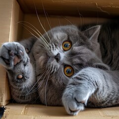 Playful British Shorthair Cat Relaxing in Cozy Cardboard Box with Paws Raised