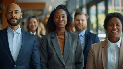 Obraz premium A diverse group of confident business professionals stands together in a brightly lit office corridor, showcasing teamwork and leadership.