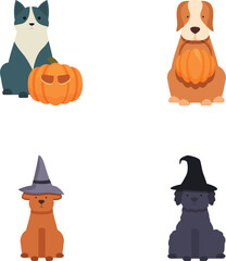 Set of four cute cartoon dogs dressed for halloween with pumpkins and witches hats