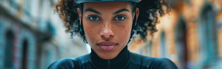 An African American woman cyclist wearing a protective bike helmet