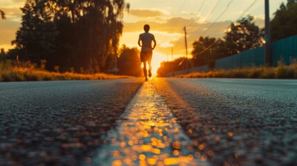 Fototapeta premium A man jogging down a street at sunset, with blurred motion