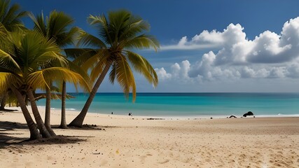 Obraz premium Beach with Palms and Blue Ocean, Panoramic view of tropical beach with coconut palm trees. Koh Samui, Beautiful tranquil beach holiday vacation background. Amazing island sunset beach view, palm tree 