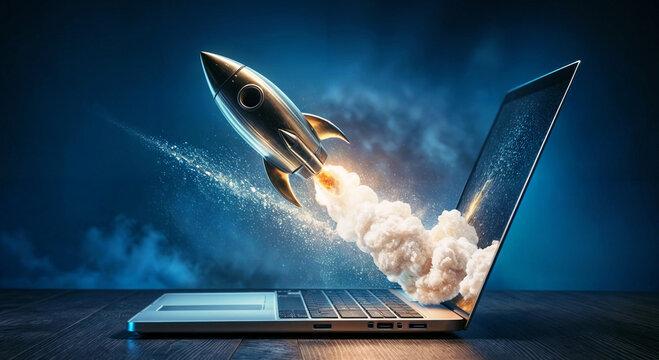 laptop with space , a Rocket coming out of a laptop screen, a launch business, gray background. AI digital illustration