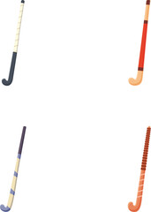 Collection of four colorful illustrated hockey sticks isolated on a white backdrop, suitable for sports themes
