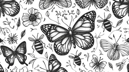 Obraz premium Garden-themed doodle in black and white, featuring intricate patterns of butterflies and bees,