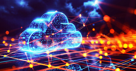 lights on the street Digital informational technology web futuristic hologram with cloud icon , blue lightened network upload code background, cloud computing. Abstract Motion of digital data flow. ai