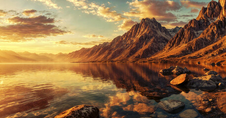 An image of a vibrant sunset over a serene lake, orange tune, with colorful reflections shimmering on the water