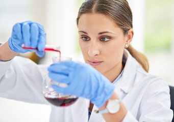 Scientist, woman and experiment in laboratory for innovation, medicine and test in clinic....