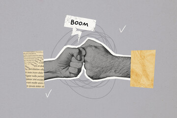 Composite photo collage of people two hands fist kick together bump boom collaboration worker...