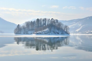 an island in the middle of a lake surrounded by hills. in winter