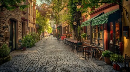 Fototapeta premium A historic cobblestone street with charming cafes and shops, panoramic perspective emphasizing its quaintness