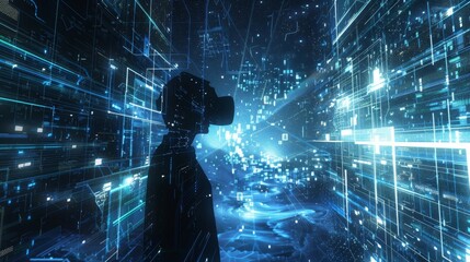 In a digital realm a person equipped with VR technology explores complex data structures zooming in and out with ease to uncover insights.