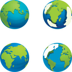 Four colorful stylized illustrations of the earth in various angles