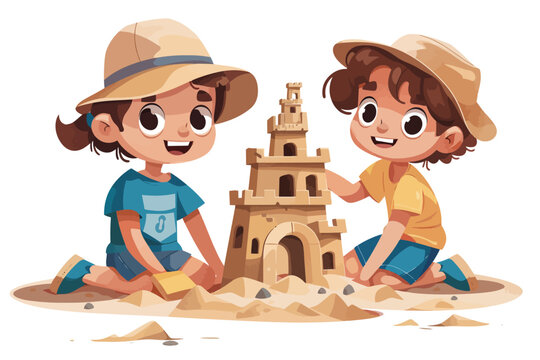 Two children happily building a large sandcastle on the beach, enjoying a playful day in the sun. Flat vector illustration.