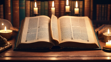 Fototapeta premium Within the Mystic Library, ancient tomes whisper secrets of forgotten spells, their pages turning by unseen hands in the flickering candlelight, Generative AI