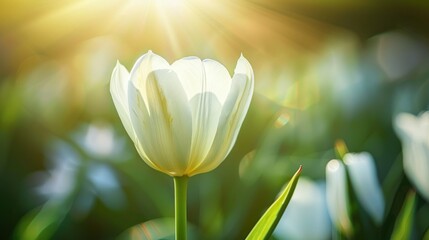 Beautiful floral backdrop Stunning close up of a white tulip blooming in a sunny spring garden