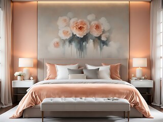 Bedroom in Delicate Peach Fuzz Color Trend 2024 with Panton Furniture and Accent Wall. Modern Luxury Room Interior for Home or Hotel. Empty Warm Apricot Paint Background for Art. 3D Render.