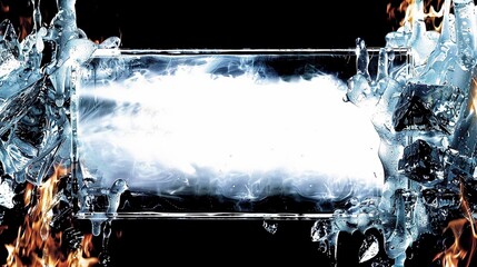 a dramatic clash between water, ice, and fire, swirling around a black void filled with an otherworldly white light. border frame