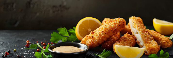 A close up view of fresh fish fingers coated in breadcrumbs served with sauce and a slice of lemon on a grey table providing ample copy space for the image