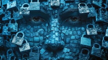 A face made of lock symbols representing the importance of security and protection in maintaining a valid digital identity.
