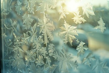 Winter frost patterns on glass. Ice crystals. Abstract light blank cold winter background or wallpaper. Frost patterns on frozen window. Frosted glass. Freezing effect. Frostwork. Harsh season. Cold