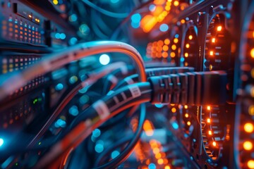 A network cable snaking through a server rack, close-up macro shot with shallow depth of field