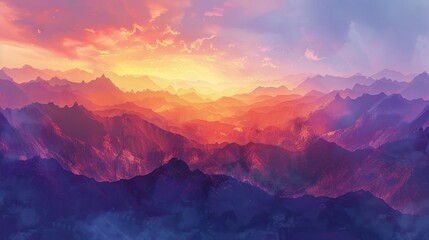 A panoramic view of a jagged mountain range at sunset, painted in fiery orange and purple hues - Powered by Adobe