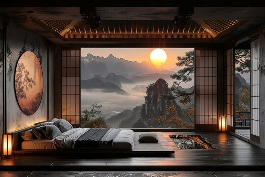 Cozy bedroom with dark wood accents and a scenic window view for a tranquil and rustic ambiance