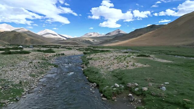 Aerial Perspective of a Winding Indus River Flowing Through a Verdant
