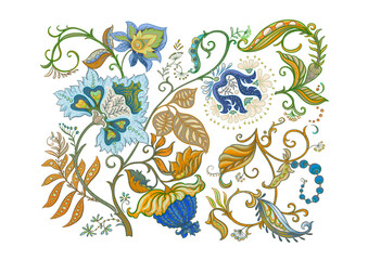 Fototapeta premium Fantasy flowers in retro, vintage, jacobean embroidery style. Clip art, set of elements for design Vector illustration.