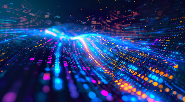 Selective focus swirl glowing particles light beams.flowing of algorithm binary computer code.abstract background of vibrant light luminous line with data information transfering or cloud technology.