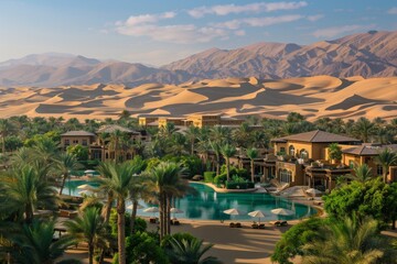 A vibrant desert oasis nestled among towering sand dunes, panoramic landscape