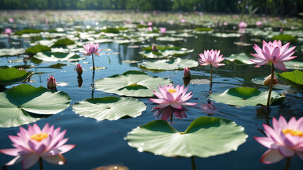 Amidst the Floating Lotus Lagoon, delicate lotus flowers drift gracefully on the water's surface, their petals unfolding in the dappled sunlight, Generative AI