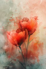Delicate red watercolor peony flowers.