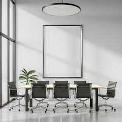 Modern Conference Room with Black Chairs and Large Windows, Bright Light, Minimalist Design, Artistic White Frame with Copy Space, Frame Mockup, Wall Art Mockup