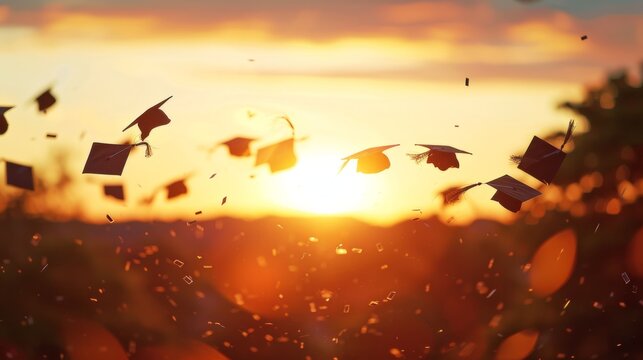 High school students' graduation caps in the air at sunset, with a blurred background