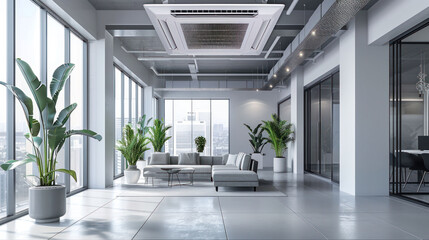 Interior room with ceiling mounted cassette type air conditioner alongside a modern lamp light on a ceiling. the duct air conditioner suitable for home