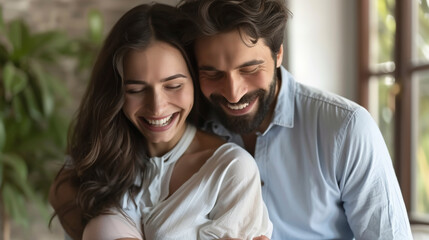 Fototapeta premium A happy couple, wearing casual attire, embraces and smiles warmly, radiating joy and affection in a bright, cozy setting with natural light.