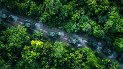 An aerial view of an Military tank M1 Abrams column moving through a dense forest The tanks leave distinct trails in the foliage