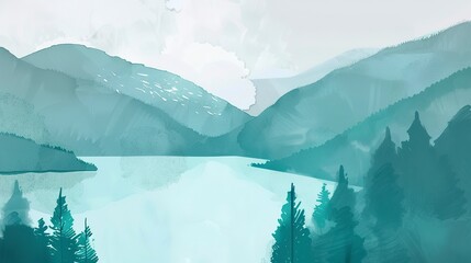 Lakeside mountain vistas graphic design flat design top view peaceful retreats theme water color Monochromatic Color Scheme