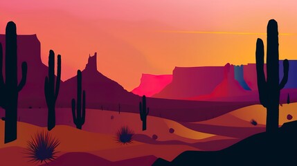 Desert mountain sunsets website banner flat design front view evening glow theme animation vivid