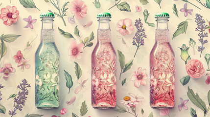 A row of glass bottles containing pastel-colored liquids intricate floral and botanical illustrations.